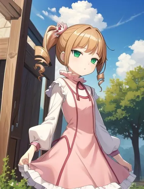 best quality, masterpiece, highres, detailed, digital artwork, <lora:Detail - add_detail:0.2>, EcarlateJSP, pink dress, white sleeves, green eyes, drill hair, ponytail, empty eyes, outdoors, <lora:Character - EcarlateJSP-10:1>