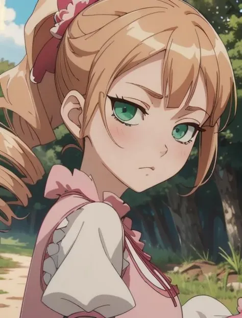 best quality, masterpiece, highres, detailed, anime screencap, <lora:Detail - add_detail:0.2>, EcarlateJSP, pink dress, white sleeves, green eyes, drill hair, ponytail, empty eyes, close up, outdoors, <lora:Character - EcarlateJSP-10:0.8>