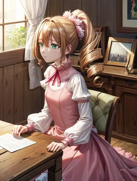 best quality, masterpiece, highres, detailed, digital artwork, <lora:Detail - add_detail:0.2>, EcarlateJSP, pink dress, white sleeves, green eyes, drill hair, ponytail, empty eyes, indoors, bored, across the table, <lora:Character - EcarlateJSP-10:0.8>