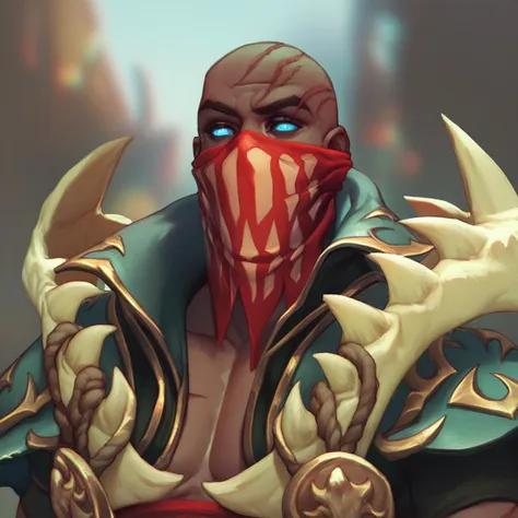 (((beautiful, high quality))), portrait, score_9, score_8_up, score_7_up, 1boy, Pyke, dark skin, blue eyes, bald, scars, red mask with printed teeth, fingerless gloves, cape, bone shoulder pads, belt, pants, boots, fantasy background, blurred background