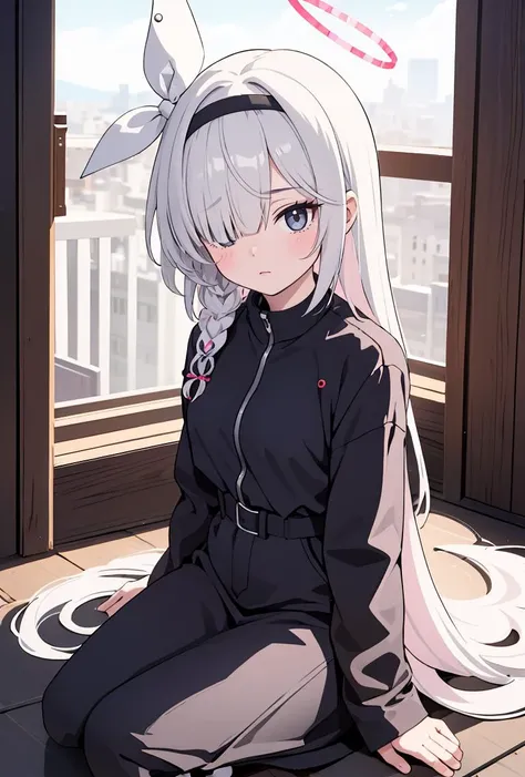 (masterpiece, best quality), 1girl,   <lora:plana_blue_archive_goofy_v1:0.8> plana ba, long hair, side braid,white hair,halo