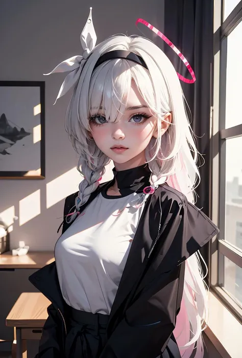 (masterpiece, best quality), 1girl, <lora:plana_blue_archive_goofy_v1:0.8> plana ba, long hair, side braid,white hair,halo