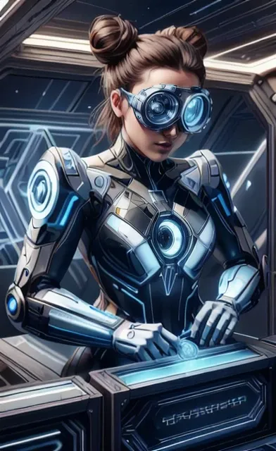 a close up of a woman in a futuristic suit with goggles