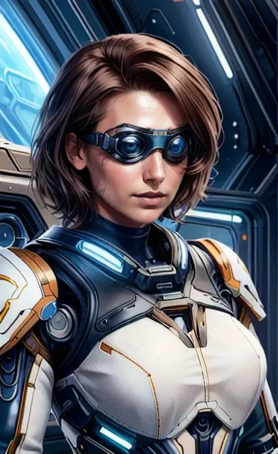 a woman in a futuristic suit and goggles stands in front of a spaceship