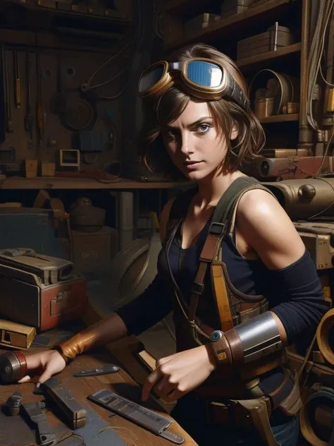 Tinker, Lauren_LaForge, goggles on head, mechanical clutter, gadgets, workshop, (headshot)