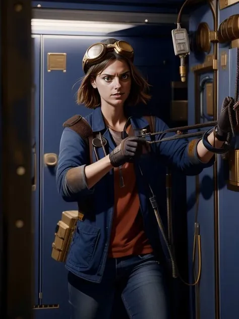 Tinker,  Lauren_LaForge, goggles on head, breaking into a vault, combination lock, stethescope,