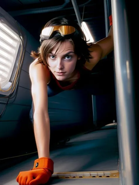 Tinker, Lauren_LaForge, goggles on head, crawling through an air duct,