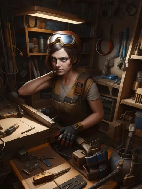 Tinker, Lauren_LaForge, goggles on head, mechanical clutter, gadgets, workshop,