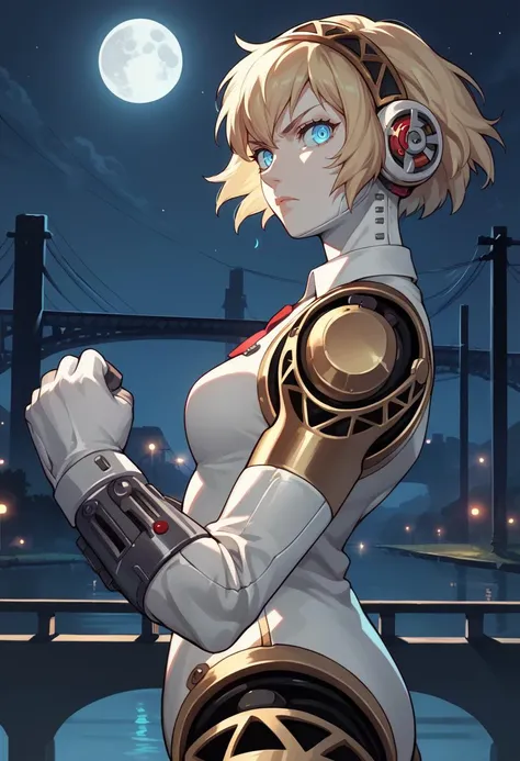 score_9, score_8_up, score_7_up, source_anime, 1girl, looking at viewer, serious, clenched hand,<lora:persona3_aegis_ponyXL:1> p3aegis, android, hairband, headphones, robot joints, bridge, night, full moon