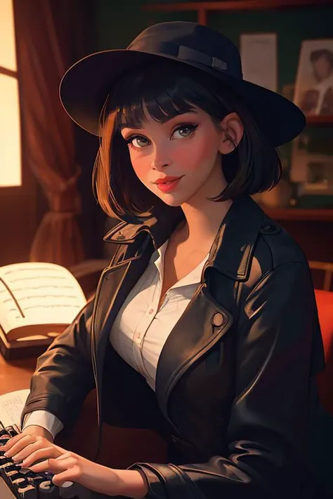 DEN_laura_garcia,
a 1940s private investigator wearing a trench coat and rimmed hat sitting in a drab dank office at the desk using a typewriter, private investigator, 1940s,
bokeh, f1.4, 40mm, photorealistic, raw, 8k, textured skin, skin pores, intricate details  <lora:epi_noiseoffset2:1>, epiCRealism <lora:ClothingAdjuster3:-1.0>