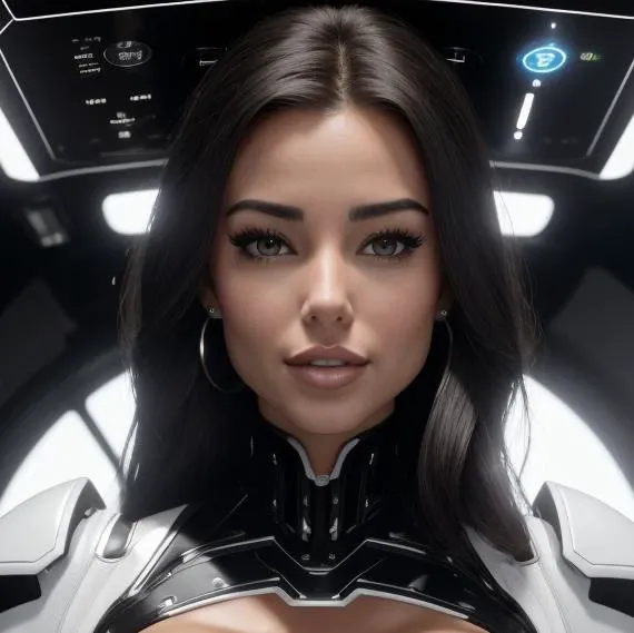 photo of a woman (angiev:0.90),beautiful face,gorgeous,youthful, (Wearing a captivating and daring outfit with a striking mix of black, white, and grey elements. The stunning bustier remains black, expertly accentuating the bust and waist with its skindentation design. The corset extends upward, leaving the area from the elbows to the shoulders gracefully bare, showcasing the skin. Complementing the ensemble, elegant elbow gloves with intricate armor details come in a sleek shade of grey, adding a touch of sophistication. To complete the look, a few subtle white accents adorn the outfit, creating a perfect balance of allure and strength. This captivating outfit blends monochromatic elegance with a hint of contrasting tones, ideal for commanding attention and turning heads in any intergalactic setting)big breasts,fake tits <lora:hugefaketits1-000006:.20> <lora:PerfectFullBreasts-fCV3.5:.90>  (high detailed skin:1.2)(skindentation:1)<lora:beautifulDetailedEyes_v10:.70>(realistic pupils,realistic iris:1), 8k uhd, soft lighting, high quality, film grain, Fujifilm XT3,Facing forward, facing viewer <lora:Neon_Environments:.20>  (sitting in pilot seat,sitting at attention, squared shoulders,upright posture) Futuristic (background is inside of a machine,Dark room, neon lights) She is smiling slightly