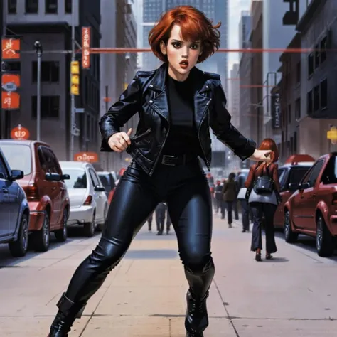 comic book image from behind of [molly ringwald | winona ryder] with short red hair and bangs wearing a black biker_jacket and black shirt and black pants (((running))) in a fighting pose in a city at night, (dynamic perspective), <lora:sliced_bob-2.0:0.2>,  <lora:biker_jacket:0.3>,  <lora:Winona_Ryder:0.5>,  <lora:MollyR:0.5>