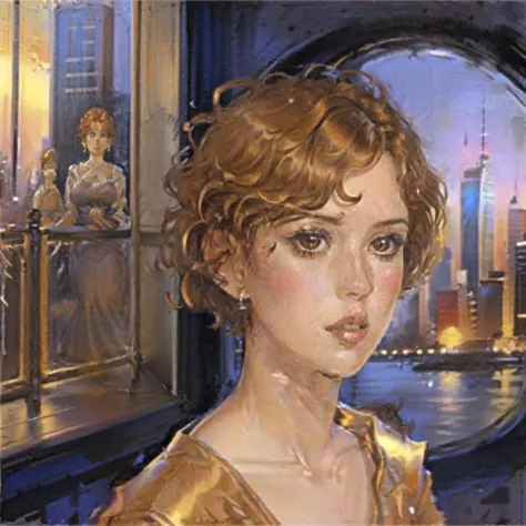 gold_glass of Molly Ringwald in front of the New York City skyline, <lora:gold_glass:1>, <lora:MollyR:1>