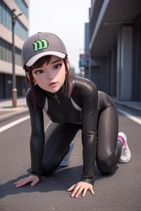 realistic, realism, photorealism, photo-realistic, high contrast, (photorealistic:1.4), 8k high definition detailed realistic, (best quality, masterpiece:1.2), NSFW,  photon mapping, radiosity, physically-based rendering, best quality, highly detailed, 1girl, pat pussy, cameltoe, owdva, d.va \(overwatch\),  ((outside, street)),long hair, crawling, hands on the ground, (girl crawling on the ground), Kneel down, sneakers,( bodysuit), jacket, looking at the viewer, <lora:dvatest:0.55>