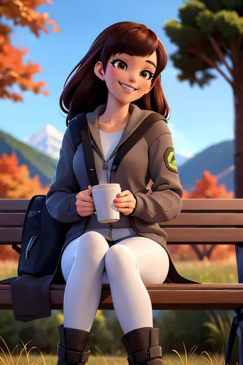 <lora:dva4-real:.7>, dva, brown hair, brown eyes, wearing a cardigan, white shirt, leggings, boots, looking at viewer, smiling, happy, teeth, sitting, on bench, legs corssed, holding a coffee cup, outside, grass, trees, autumn, mountain, blue sky, high quality, masterpiece,