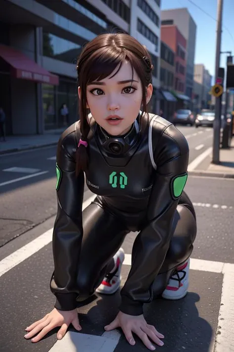 realistic, realism, photorealism, photo-realistic, high contrast, (photorealistic:1.4), 8k high definition detailed realistic, (best quality, masterpiece:1.2), NSFW, photon mapping, radiosity, physically-based rendering, best quality, highly detailed, 1girl, pat pussy, cameltoe, owdva, d.va \(overwatch\), ((outside, street)),long hair, crawling, hands on the ground, (girl crawling on the ground), Kneel down, sneakers,( bodysuit), jacket, looking at the viewer, <lora:dvatest:0.45>