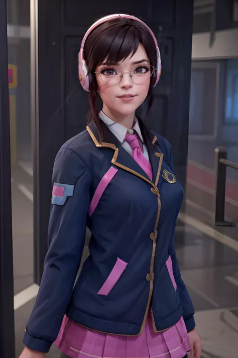 3D, CGI,Render, realistic, realism, photorealism, photo-realistic, high contrast, (photorealistic:1.4), 8k high definition detailed realistic, (best quality, masterpiece:1.2), NSFW, owdva, d.va \(overwatch\),, photon mapping, radiosity, physically-based rendering, best quality, highly detailed, 1girl, looking at the viewer,front face , wearing academy uniform, dark blue jacket, pink headphones, pink skirt, schoolgirl, round glasses, <lyco:add_detail:0.5> <lyco:GoodHands-beta2:1> <lyco:Academy:.8> <lyco:dvatest:0.4>