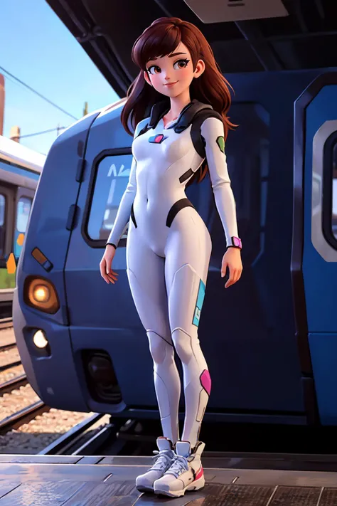 <lora:dva4-real:.7>, dva, brown hair, brown eyes, wearing a white bodysuit, white shoes, looking at viewer, smiling, full body shot, standing, outside, train station, blue sky, high quality, masterpiece,