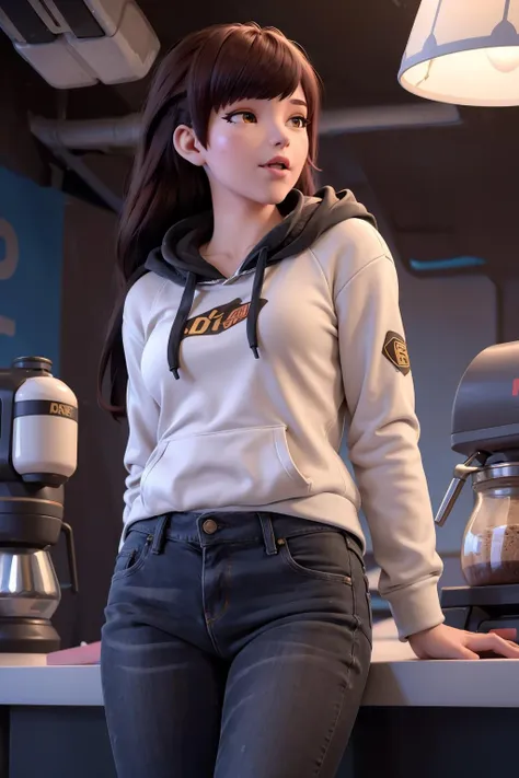 NSFW, 8k,highres, 1girl,  looking at the viewer, front view, indoors, coffee shop, hoodie, jeans, 
<lora:dva4-real:0.9>