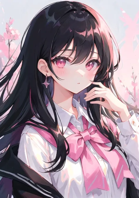masterpiece, best quality, ultra-detailed, illustration, portrait, 1girl, black_hair, pink eyes, long hair, school uniform,