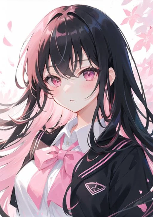 masterpiece, best quality, ultra-detailed, illustration, portrait, 1girl, black_hair, pink eyes, long hair, school uniform,