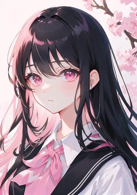 Anime girl with long black hair and pink eyes in front of a cherry tree ...