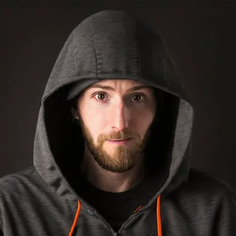 a professional photograph of linus_sebastian, <lora:linus_01_768_305samples:0.8>, wearing black and orange hoodie and jeans, hood not on head