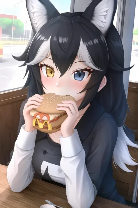 1girl, dark hair, heterochromia, kemono friends, eating, mcdonalds, hamburger, desk, animal ears, wolf tail, blue eye, yellow eye, red t-shirt, puffed cheeks