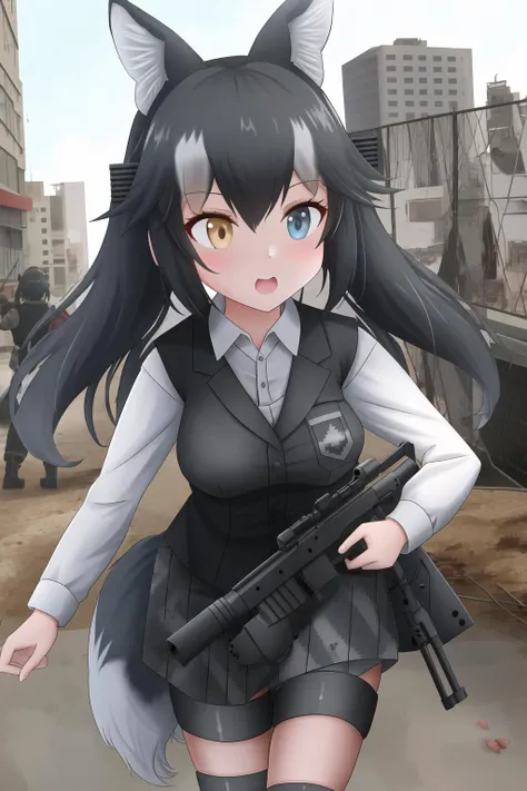1girl, dark hair, heterochromia, kemono friends, ruined city, assault rifle, animal ears, wolf tail, blue eye, yellow eye, ((soldier uniform)), black clothes, military uniform, ((armor vest)), special forces