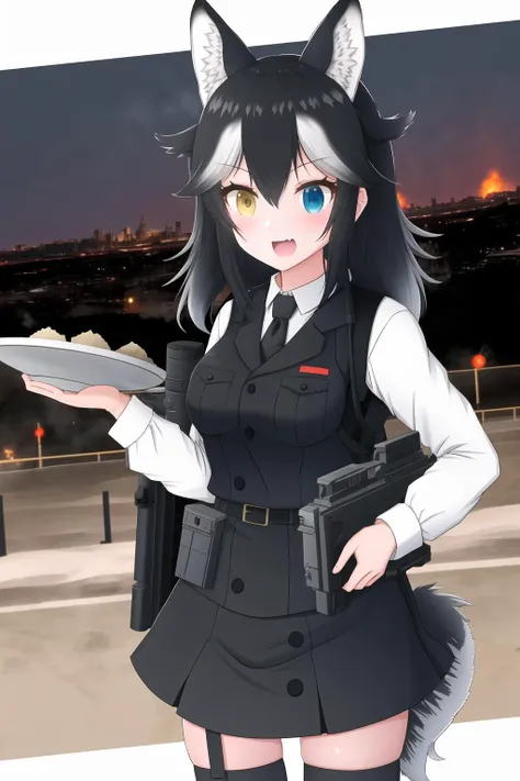 1girl, dark hair, heterochromia, kemono friends, ruined city, assault rifle, animal ears, wolf tail, blue eye, yellow eye, ((soldier uniform)), black clothes, military uniform, plate carrier, armor vest, special forces