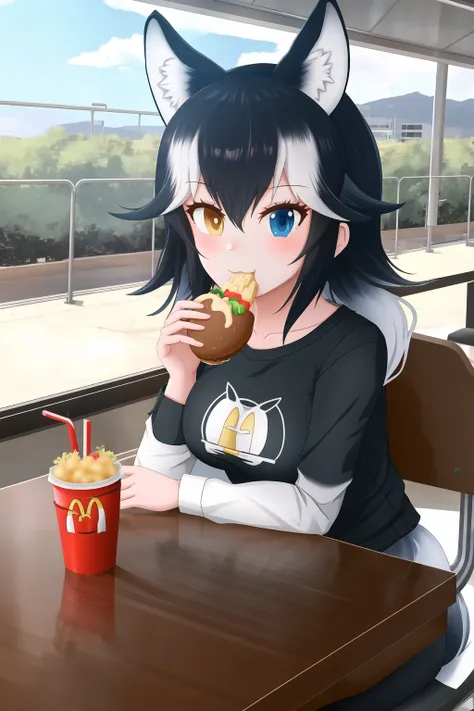 1girl, dark hair, heterochromia, kemono friends, eating, mcdonalds, hamburger, desk, animal ears, wolf tail, blue eye, yellow eye, red t-shirt, puffed cheeks