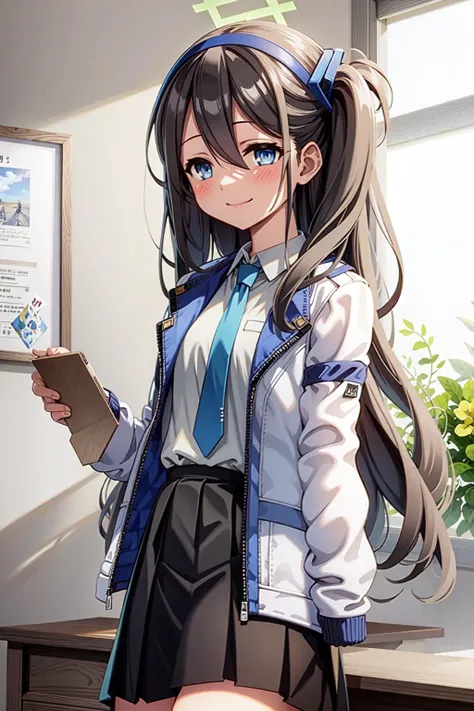 masterpiece, best quality, ultra-detailed, 1girl, aris, white jacket, white shirt, blue necktie, pleated skirt, halo, indoors, smile,  <lora:tendouAliceV1:0.8>