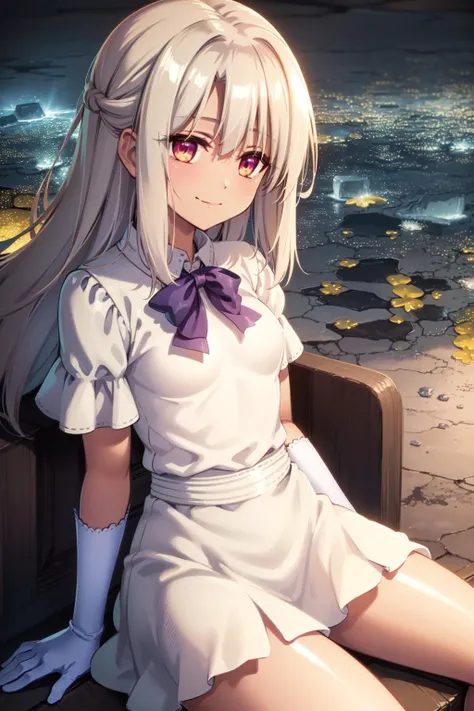 (((masterpiece))), (((best quality))), ((ultra detailed)), Highly Detailed beautiful and aesthetic, extremely detailed CG, perfect details, very delicate light, finely detailed eyes and detailed face, detailed light, (best shadow), (best anatomy), beautiful detailed eyes, smile, (detailed body), detailed face, (colorful), beautiful detailed hair, (ray tracing:1.2), hair flows upsides, looking at viewer, full_body, (small breast), (shiny skin:1.5), (city view:1.4), (sitting:1.5), 1girl, (solo:1.4), (closed mouth:1.3), bangs, long white hair, pink eyes, upper body, white coat, gloves, white long skirt, night dark fantasy background