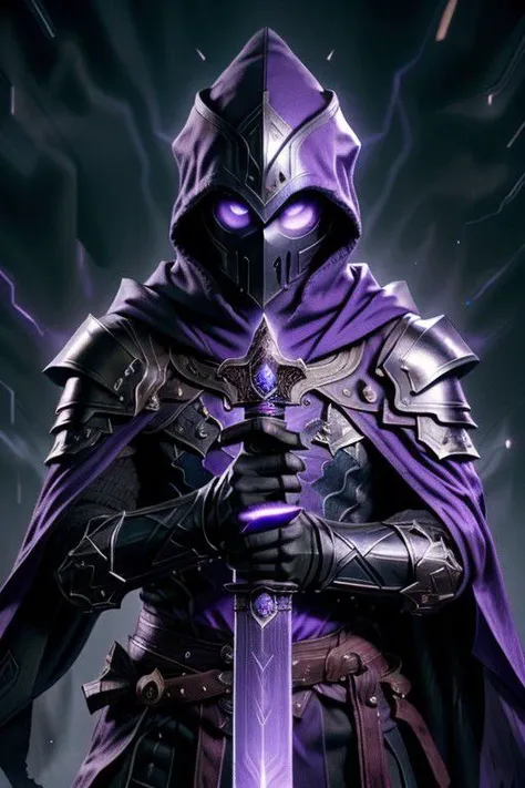 in the background, in rage mode, a man holding a sword hilt, with two hands, wearing a mask, ((eyes glow purple: 1.2)), ((torn cloak))+++ with a hood, ((the cloak flutters in the wind: 1.1)) , ((the color of the cloak is dark blue: 0.9))+++ ,(( the sword is lowered))+++, the blade of the sword glows purple: 2.1 , armor, armor color dark blue: 1.0, color of ultraviolet runes: 1.1, dark ghost in a hood+++, ((aura around))+++, purple: 1.5 and dark blue: 0.9, man on fire, the colors of fire are purple, dark purple: 1.2, ((super-quality))+++