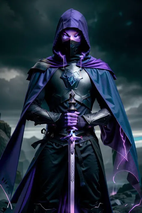 in the background, a man, hands, holding the hilt of a sword, with two hands, wearing a mask, ((eyes glow purple)), ((torn cloak))+++ hooded, ((cloak fluttering in the wind)) , ((cloak color dark blue: 0.9))+++ , sword lowered, sword blade glows purple: 1.5 , armor, armor color dark blue: 1.0, color of ultraviolet runes, dark ghost in a hood+++, aura around, purple: 1.5, and dark blue: 0.9, man on fire, fire colors purple, dark purple: 1.2, ((super-quality))+++