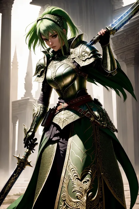 delicate\(armor\), (8k, best quality, masterpiece:1.2), (realistic, photo-realistic:1.37), ultra-detailed, full body, 1girl, solo, hand guard, belt, standing, cape, beautiful face, shoulder guard, full armor, in a great ancient city, <lora:delicate_armor_V2:0.7>, arm belt, belt bag,, masterpiece, best quality,extremely detailed CG unity 8k wallpaper,illustration,ultra-detailed,A female character with green hair and cyber-punk attire holds glowing energy sword.