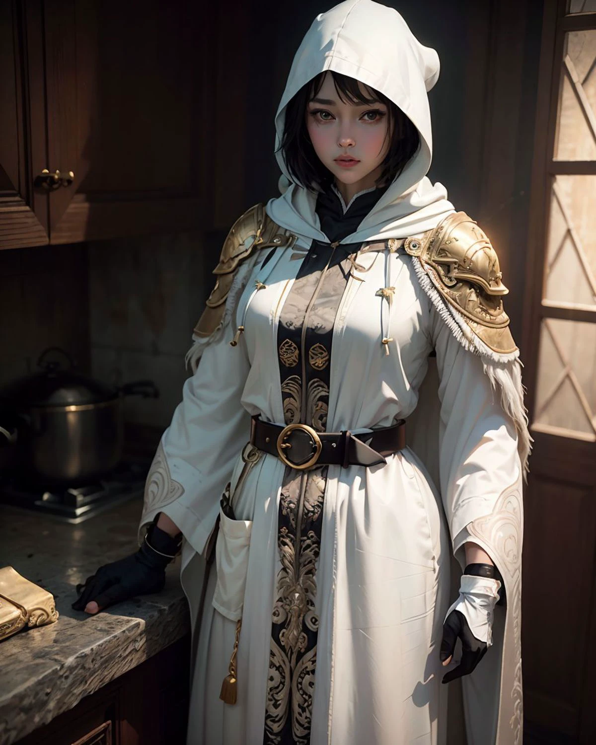 <lora:delicateArmor_v10:0.3>, (belt, glove, hand guard, hood, gold pattern, intricate white wizard robe:1.5),
(photorealistic, realistic, RAW photo:1.5), (best quality, ultra highres, ultra-detailed:1.5), (masterpiece:0.2), portrait, upper body,
<lora:zyd232_ChineseGirl_v1.6:0.6> 1girl, detailed skin, looking at viewer, (black short hair:1.4),
<lora:epiNoiseoffset_v2:1> (rim lighting, two tone lighting, sharp focus, octane, unreal, dimly lit, low key:0.8)
