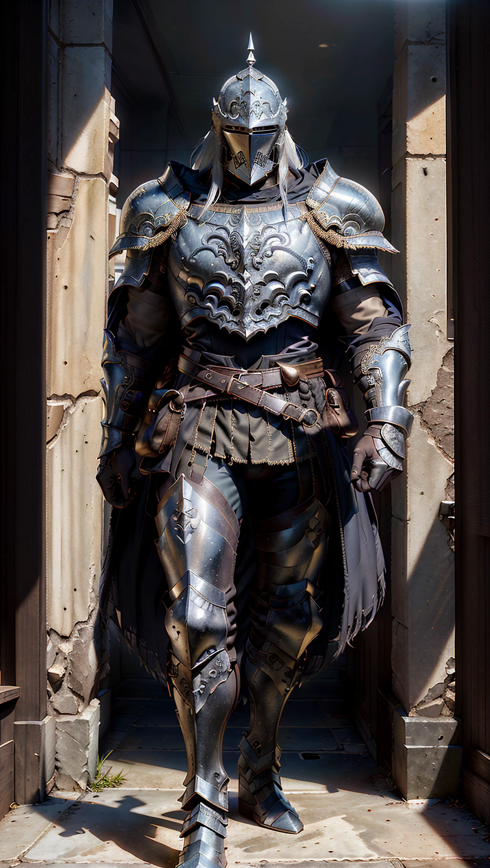 masterpiece, sharp focus, 8k, highly detailed, best quality, ultra detailed, ultra high res, (photorealistic:1.5), (pureerosface_v1:0.5),
a heavyknight, mature male, dynamic pose, full armor, cuisses, shoulder armor, helmet, belt, hand guard, boot, castle corridor, hdr, dramatic light, solo, (full body:1.3),
<lyco:delicate_armor_V2:0.8>,