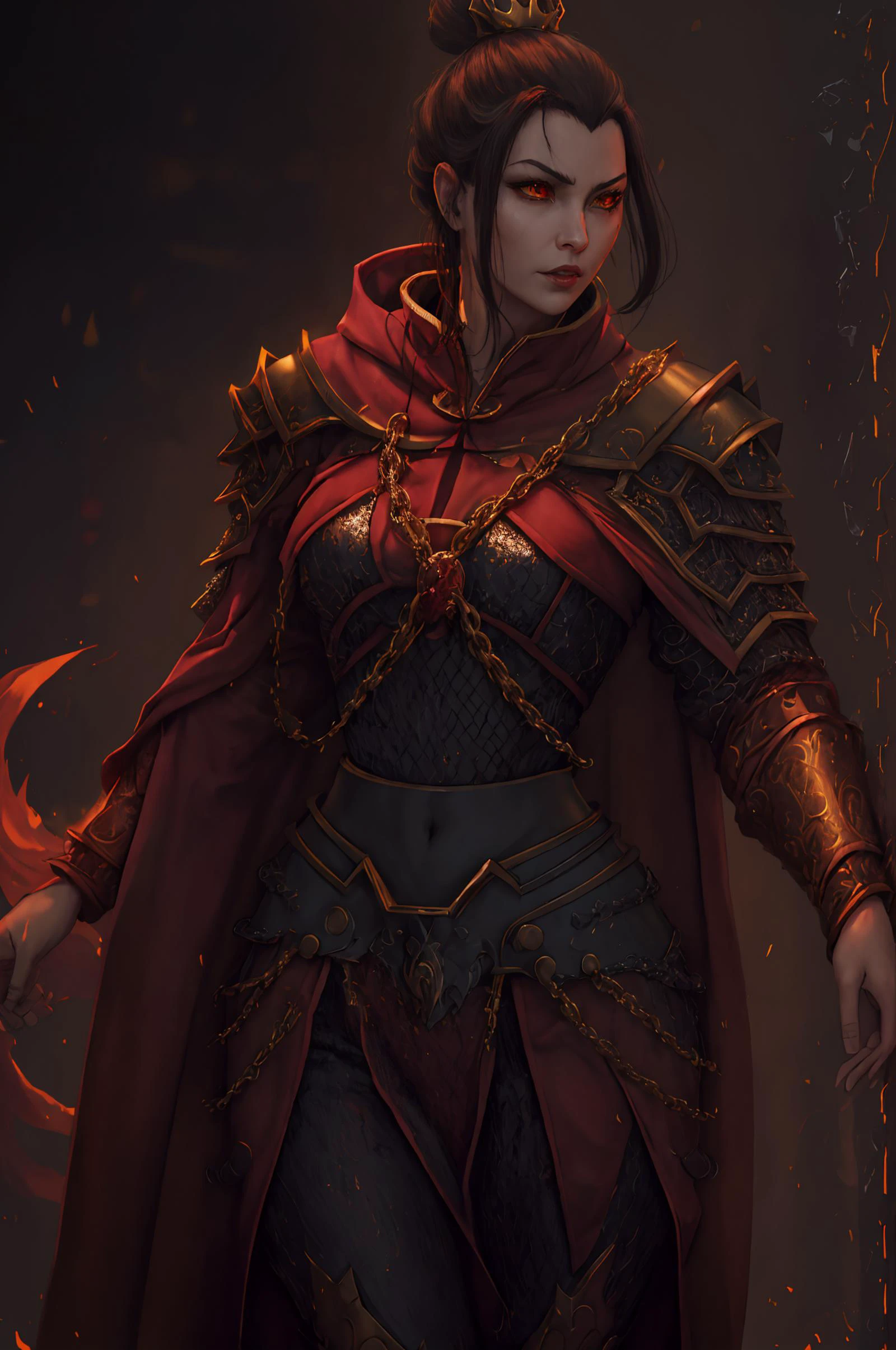 <lora:Azula:0.8>, princess azula, red oversized cloak, hooded, (chainmail:1.25), (elegant gold ornate decorations:1.2), ceremonial armor, slender, fit, thin, burning embers, looking over shoulder, red tabard, orange eyes,
<lyco:cdelicate_armor_V2:0.35>