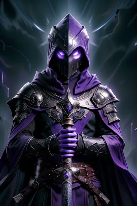 in the background, in rage mode, a man holding a sword hilt, with two hands, wearing a mask, ((eyes glow purple: 1.2)), ((torn cloak))+++ with a hood, ((the cloak flutters in the wind: 1.1)) , ((the color of the cloak is dark blue: 0.9))+++ ,(( the sword is lowered))+++, the blade of the sword glows purple: 2.1 , armor, armor color dark blue: 1.0, color of ultraviolet runes: 1.1, dark ghost in a hood+++, ((aura around))+++, purple: 1.5 and dark blue: 0.9, man on fire, the colors of fire are purple, dark purple: 1.2, ((super-quality))+++