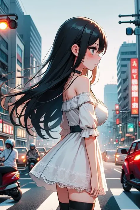 (((masterpiece))), (((best quality))), (((profile))), (((pedestrian hell))), (((busy street in taiwan))), (((vanishing point))), (((taipei road))), (((bus))), ((scooter)), ((motorcycle)), wind, trees, crowd, traffic light, ocityscape, shopping, storefront, signboard, building, greenery, gray sky, colorful cloudy sky, fog, wet, wet body, night, neon lights, starry sky,solo, 1girl, cute, sweat, parted lips, black hair, long hair, ribbon, cleavage, big tits, off shoulder, beige lace dress, choker, stockings, shy, blush, slim figure, <lora:twbg_pedestrianhell:0.9>
