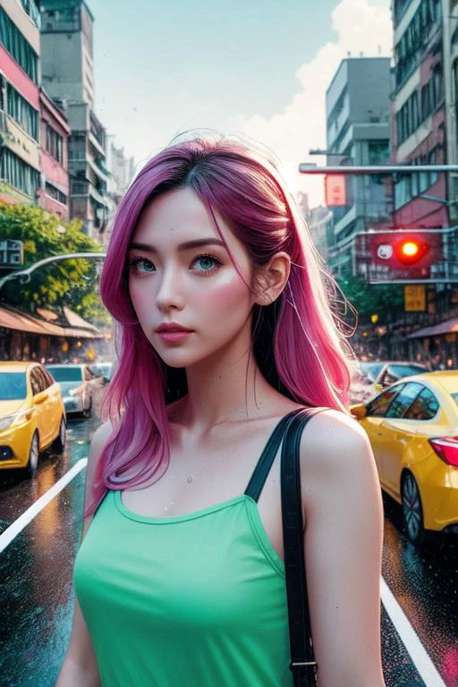 highly insanely detailed, masterpiece, top quality, best quality, highres, 4k, 8k, RAW photo, (very aesthetic, beautiful and aesthetic),
1girl,
vanishing point, wide_shot,
((pedestrian hell)), ((busy street in taiwan)), taipei road, scooter, motorcycle, wind, trees, crowd, traffic light, ocityscape, shopping, storefront, signboard, building, greenery,
city-life-overload,
flare, fog, wet, wet body, rain, raining, night, neon lights, twilight,
solo, 1girl, sweat, ribbon, cleavage, shy, blush, bag,
colorful cloudy sky,
<lora:twbg_pedestrianhell:1>,
bright blue-green clothes ,
long hair ,bright fuchsia pink hair, yellow hair , ,hair over one shoulder,hair intakes,messy hair ,
(dark brown eyes,honey eyes) ,blue eyelashes ,
italian, green eyes, tan skin, curvy,
pure cyan background, pure white background, pure yellow background ,neon color,multicolored background,solid color, solid color background,
(flower, falling petals, petals on liquid, petals, cherry blossom:0.8),
âââ