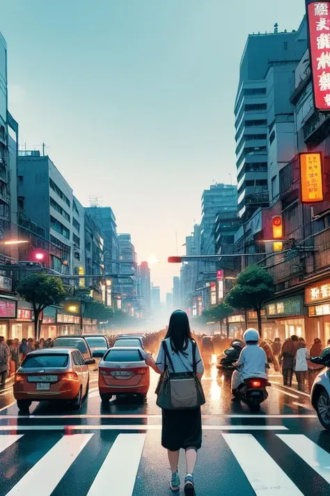 (((masterpiece))), (((best quality))), ((pedestrian hell)), ((busy street in taiwan)), vanishing point, taipei road, scooter, motorcycle, wind, trees, crowd, cityscape, shopping, storefront, signboard, building, greenery, colorful cloudy sky, flare, fog, wet, bag, sweat, parted lips, night, <lora:twbg_pedestrianhell:0.9>