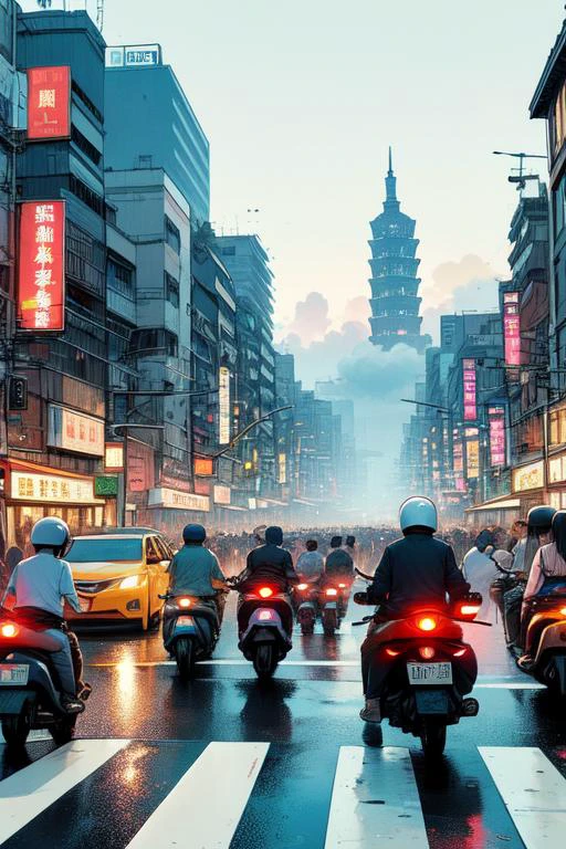 (((masterpiece))), (((best quality))), ((pedestrian hell)), ((busy street in taiwan)), vanishing point, taipei road, scooter, motorcycle, wind, trees, crowd, traffic light, ocityscape, shopping, storefront, signboard, building, greenery, colorful cloudy sky, flare, fog, wet, bag, sweat, parted lips, <lora:twbg_pedestrianhell:0.9>