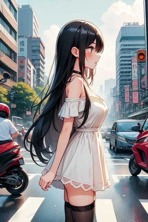 (((masterpiece))), (((best quality))), (((from side))), (((pedestrian hell))), (((busy street in taiwan))), (((vanishing point))), (((taipei road))), (((bus))), ((scooter)), ((motorcycle)), wind, trees, crowd, traffic light, ocityscape, shopping, storefront, signboard, building, greenery, gray sky, colorful cloudy sky, wet, wet body, solo, 1girl, cute, sweat, parted lips, black hair, long hair, ribbon, cleavage, big tits, off shoulder, beige lace dress, choker, stockings, shy, blush, slim figure, <lora:twbg_pedestrianhell:0.9>