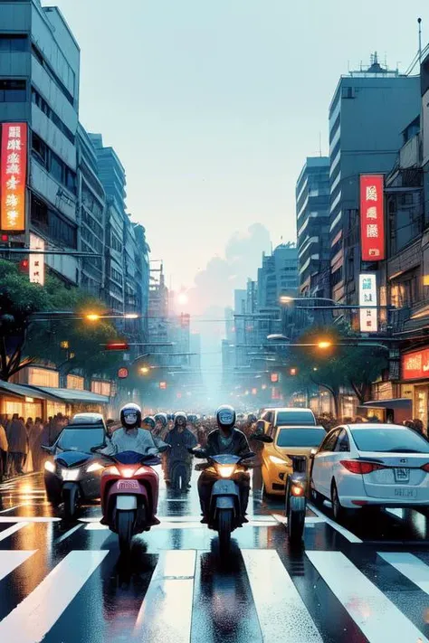 (((masterpiece))), (((best quality))), ((pedestrian hell)), ((busy street in taiwan)), vanishing point, taipei road, scooter, motorcycle, wind, trees, crowd, cityscape, shopping, storefront, signboard, building, greenery, colorful cloudy sky, flare, fog, wet, bag, sweat, parted lips, night, <lora:twbg_pedestrianhell:0.9>