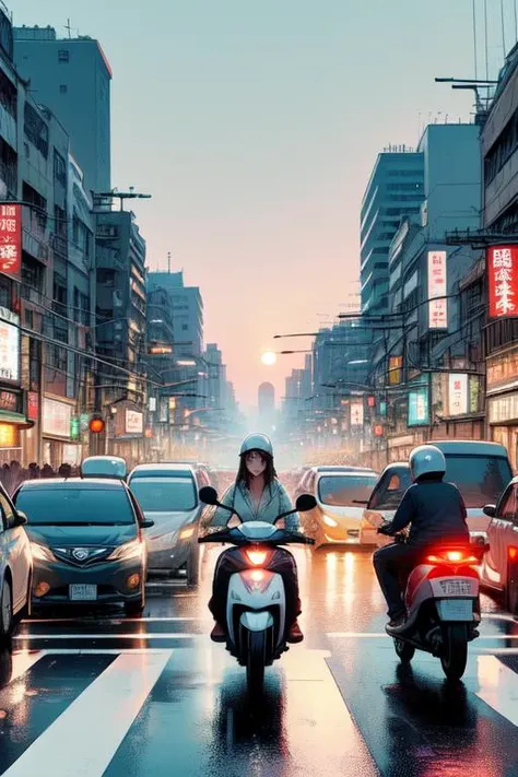 (((masterpiece))), (((best quality))), ((pedestrian hell)), ((busy street in taiwan)), vanishing point, taipei road, scooter, motorcycle, wind, trees, crowd, cityscape, shopping, storefront, signboard, building, greenery, colorful cloudy sky, flare, fog, wet, bag, sweat, parted lips, raining, sunrise, <lora:twbg_pedestrianhell:0.9>