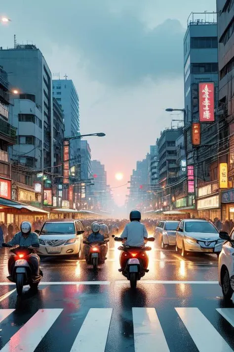 (((masterpiece))), (((best quality))), ((pedestrian hell)), ((busy street in taiwan)), vanishing point, taipei road, scooter, motorcycle, wind, trees, crowd, cityscape, shopping, storefront, signboard, building, greenery, colorful cloudy sky, flare, fog, wet, bag, sweat, parted lips, raining, sunrise, <lora:twbg_pedestrianhell:0.9>