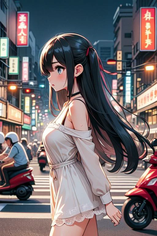 (((masterpiece))), (((best quality))), (((from side))), (((pedestrian hell))), (((busy street in taiwan))), (((vanishing point))), (((taipei road))), (((bus))), ((scooter)), ((motorcycle)), wind, trees, crowd, traffic light, ocityscape, shopping, storefront, signboard, building, greenery, gray sky, colorful cloudy sky, wet, wet body, solo, 1girl, cute, sweat, parted lips, black hair, long hair, ribbon, cleavage, big tits, off shoulder, beige lace dress, choker, stockings, shy, blush, slim figure, <lora:twbg_pedestrianhell:0.9>