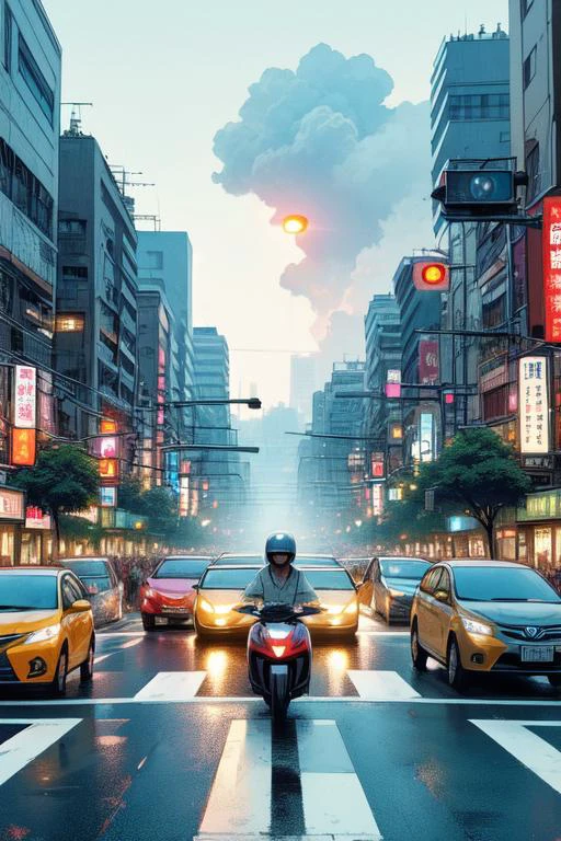 (((masterpiece))), (((best quality))), ((pedestrian hell)), ((busy street in taiwan)), vanishing point, taipei road, scooter, motorcycle, wind, trees, crowd, traffic light, ocityscape, shopping, storefront, signboard, building, greenery, colorful cloudy sky, flare, fog, wet, bag, sweat, parted lips, <lora:twbg_pedestrianhell:0.9>